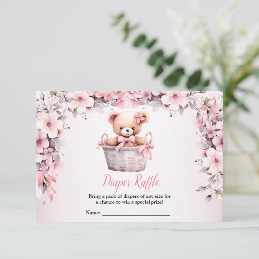 Teddy Bear Baby Girl Pink Flowers Baby shower Informatiekaartje (Staand voorkant)