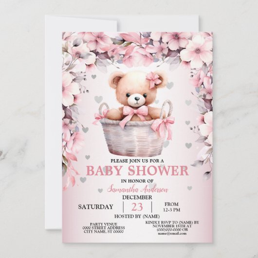 Teddy Bear Baby Girl Pink Flowers Baby shower Kaart (Voorkant)