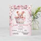 Teddy Bear Baby Girl Pink Flowers Baby shower Kaart (Staand voorkant)
