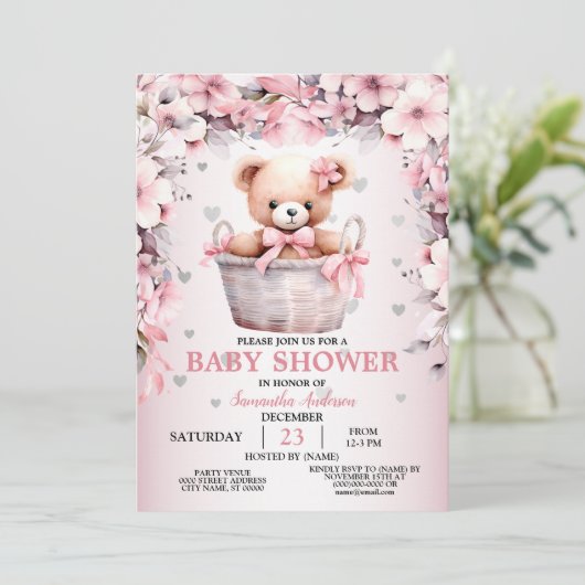Teddy Bear Baby Girl Pink Flowers Baby shower Kaart (Staand voorkant)