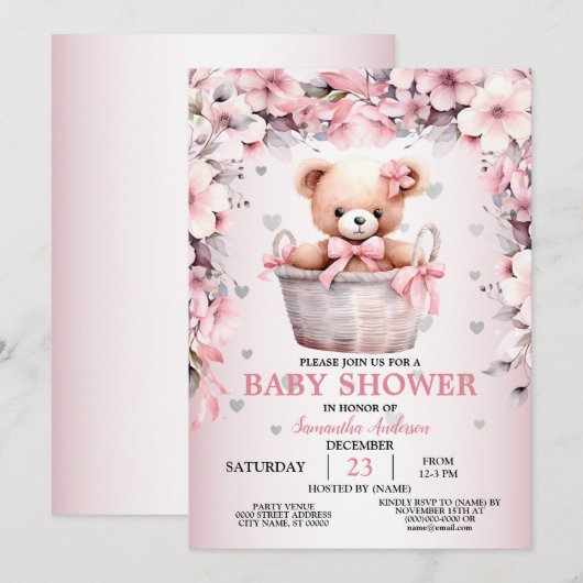 Teddy Bear Baby Girl Pink Flowers Baby shower Kaart (Voorkant / Achterkant)