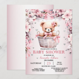 Teddy Bear Baby Girl Pink Flowers Baby shower Kaart