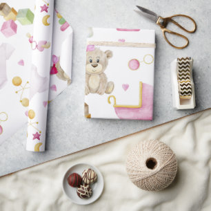Teddy Bear Baby Girl Pink Waterverf Baby shower Cadeaupapier