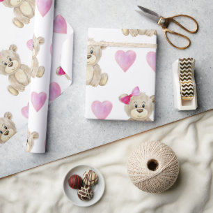 Teddy Bear Baby Girl Pink Waterverf Baby shower Cadeaupapier