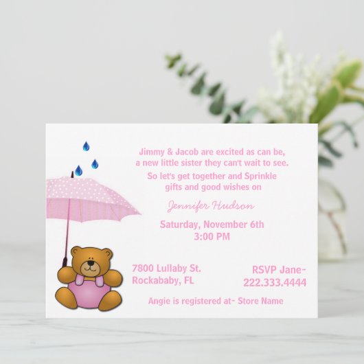 Teddy Bear Baby Girl Sprinkle Shower Uitnodiging (Staand voorkant)