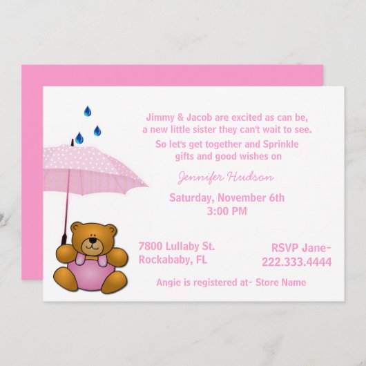 Teddy Bear Baby Girl Sprinkle Shower Uitnodiging (Voorkant / Achterkant)