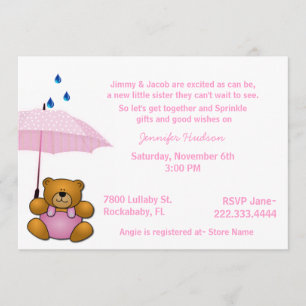 Teddy Bear Baby Girl Sprinkle Shower Uitnodiging