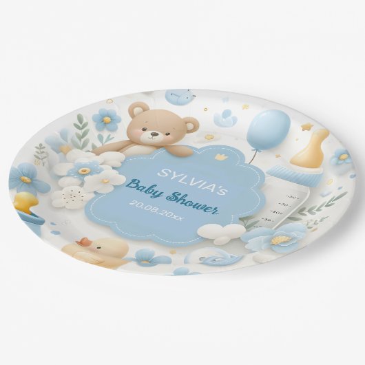 Teddy Bear Baby Jongen Douche Papieren Bordje (Gekanteld)