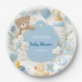 Teddy Bear Baby Jongen Douche Papieren Bordje (Voorkant)