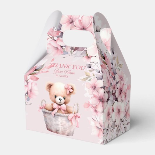 Teddy Bear Baby Meisje Roze Bloemen Party Elegant Bedankdoosjes (Voorkant Zijde)