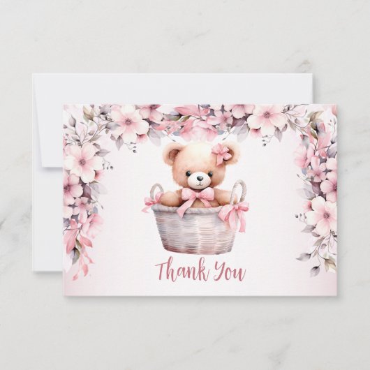 Teddy Bear Baby Meisje Roze Bloemen Party Elegant Bedankkaart (Voorkant)
