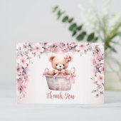 Teddy Bear Baby Meisje Roze Bloemen Party Elegant Bedankkaart (Staand voorkant)