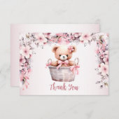 Teddy Bear Baby Meisje Roze Bloemen Party Elegant Bedankkaart (Voorkant / Achterkant)