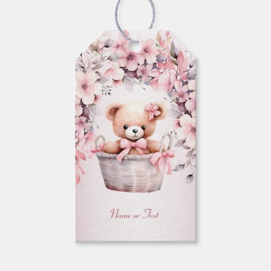 Teddy Bear Baby Meisje Roze Bloemen Party Elegant Cadeaulabel (Voorkant)