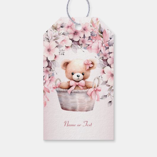 Teddy Bear Baby Meisje Roze Bloemen Party Elegant Cadeaulabel (Achterkant)