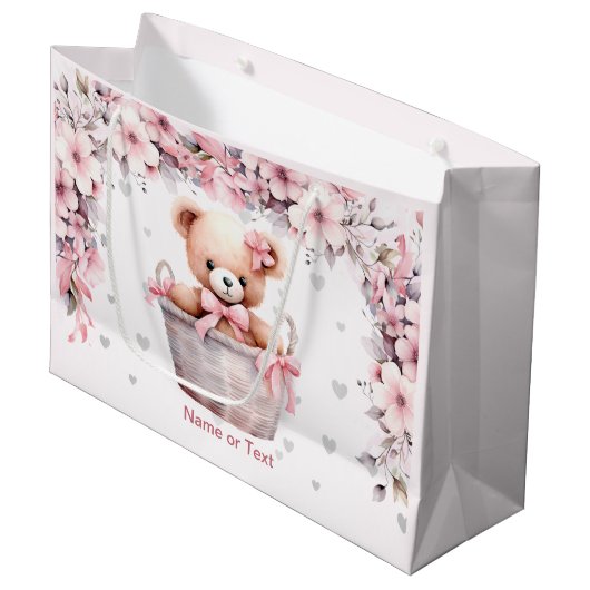 Teddy Bear Baby Meisje Roze Bloemen Party Elegant Groot Cadeauzakje (Voorkant Gekanteld)