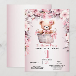 Teddy Bear Baby Meisje Roze Bloemen Party Elegant Kaart