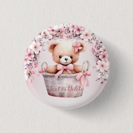 Teddy Bear Baby Meisje Roze Bloemen Party Elegant Ronde Button 3,2 Cm (Voorkant)