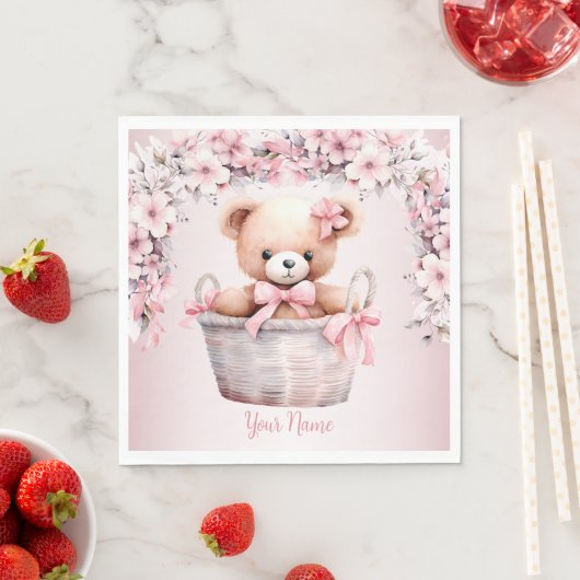 Teddy Bear Baby Meisje Roze Bloemen Party Elegant Servet (Insitu)