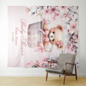 Teddy Bear Baby Meisje Roze Bloemen Party Elegant Wandkleed (In Situ (horizontaal))