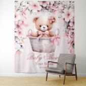 Teddy Bear Baby Meisje Roze Bloemen Party Elegant Wandkleed (In situ)