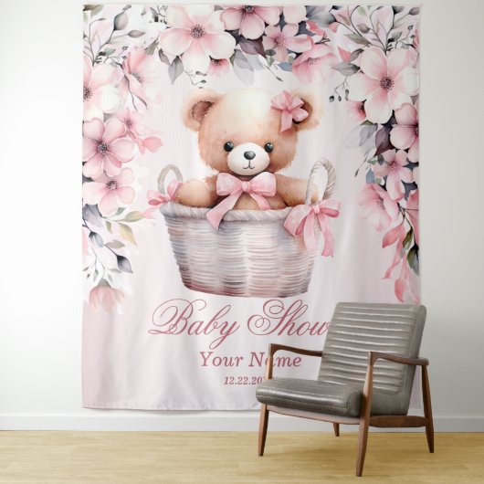 Teddy Bear Baby Meisje Roze Bloemen Party Elegant Wandkleed (In situ)
