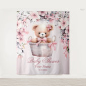 Teddy Bear Baby Meisje Roze Bloemen Party Elegant Wandkleed (Voorkant)