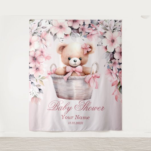 Teddy Bear Baby Meisje Roze Bloemen Party Elegant Wandkleed (Voorkant)