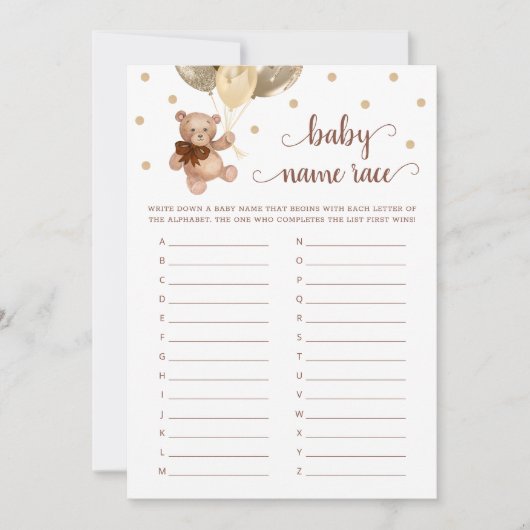 Teddy Bear Baby Naam Race Baby shower Game Kaart (Voorkant)