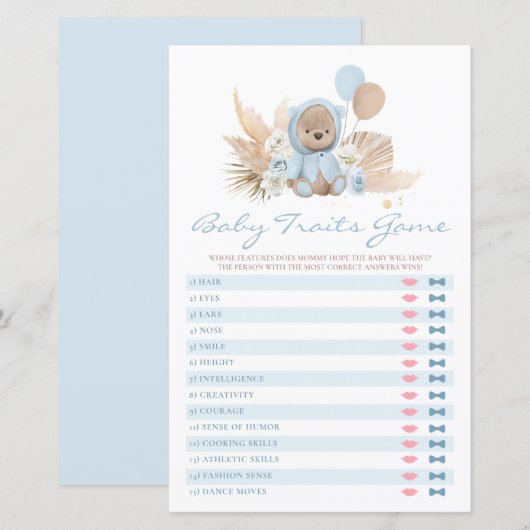 Teddy Bear Baby shower Baby Traits Game (Voorkant / Achterkant)