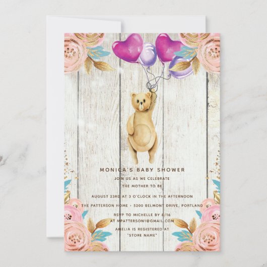 Teddy Bear Baby shower Balloon Rustiek Kaart (Voorkant)