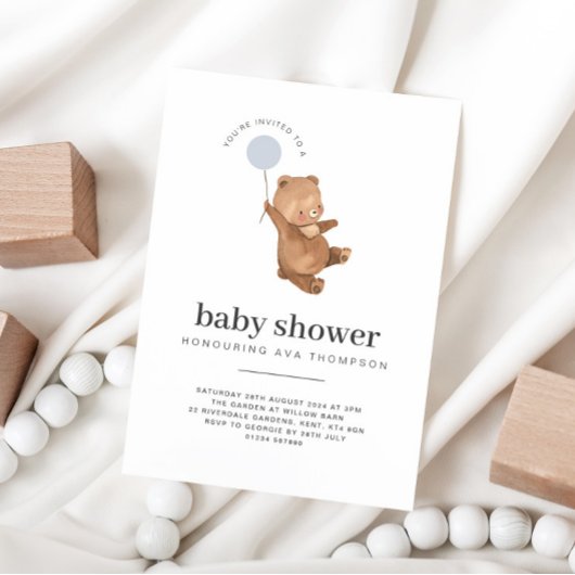 Teddy Bear Baby shower Blue Ballon Kaart