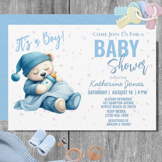 Teddy Bear Baby shower Blue Boy Kaart