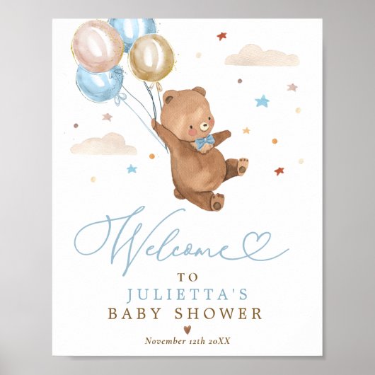 Teddy Bear Baby shower Boy Blue Beer Welkom Poster (Voorkant)
