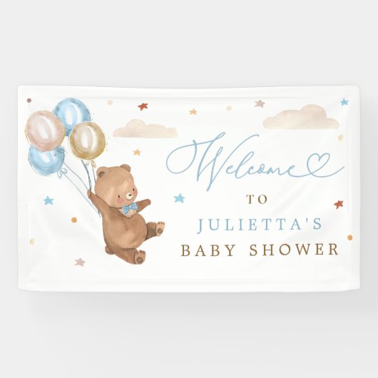 Teddy Bear Baby shower Boy Blue Beer Welkom Spandoek (Horizontaal)
