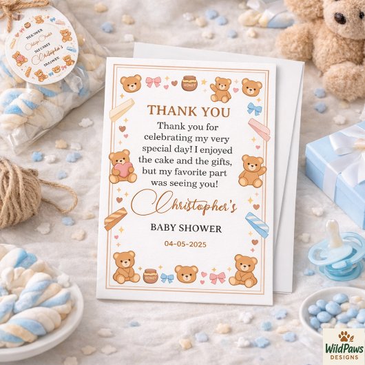 Teddy Bear Baby Shower Boy | Cute Blue Bear Bedankkaart