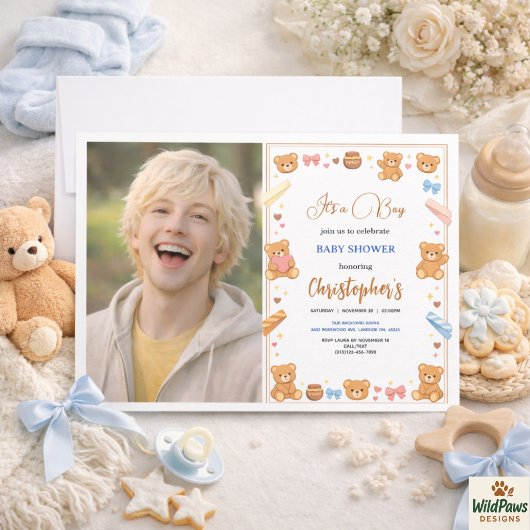 Teddy Bear Baby Shower Boy | Cute Blue Bear Kaart