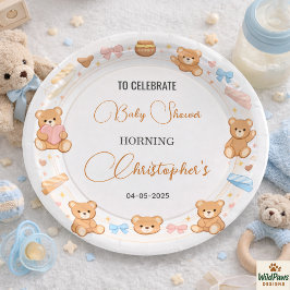 Teddy Bear Baby Shower Boy | Cute Blue Bear Papieren Bordje