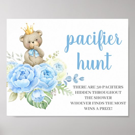 Teddy Bear Baby shower Boy Pacifier Hunt Poster (Voorkant)