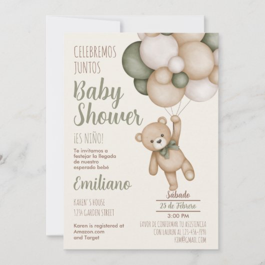 Teddy Bear Baby shower Boy Spaanse uitnodiging (Voorkant)