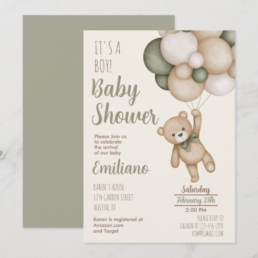 Teddy Bear Baby shower Boy Uitnodiging (Voorkant / Achterkant)