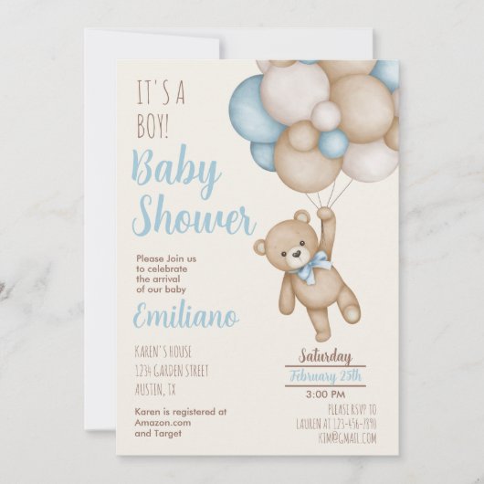 Teddy Bear Baby shower Boy Uitnodiging (Voorkant)