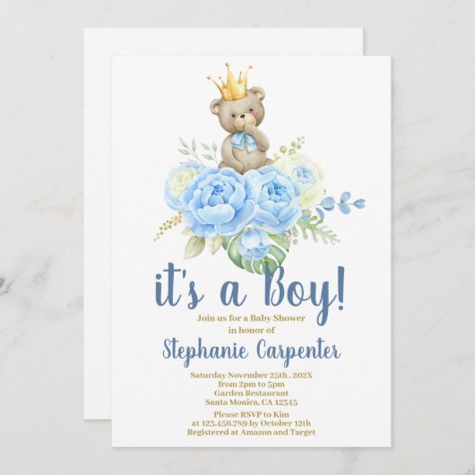 Teddy Bear Baby shower Boy Uitnodiging (Voorkant / Achterkant)