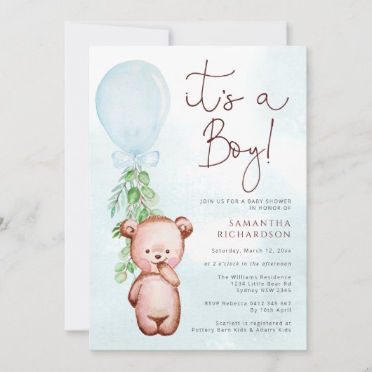 Teddy Bear Baby shower Boy Uitnodiging (Voorkant)