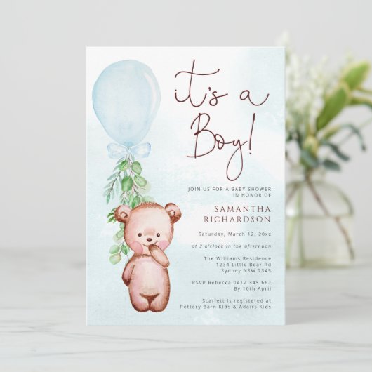 Teddy Bear Baby shower Boy Uitnodiging (Staand voorkant)