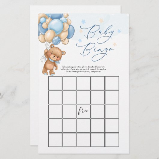 Teddy Bear Baby shower Game - Bingo (Voorkant / Achterkant)