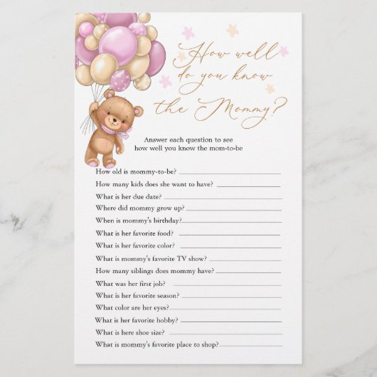 Teddy Bear Baby shower Game die mama het beste ken (Voorkant)