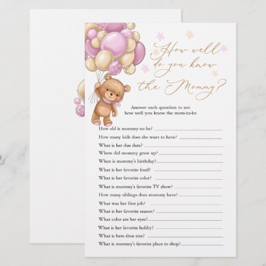 Teddy Bear Baby shower Game die mama het beste ken (Voorkant / Achterkant)