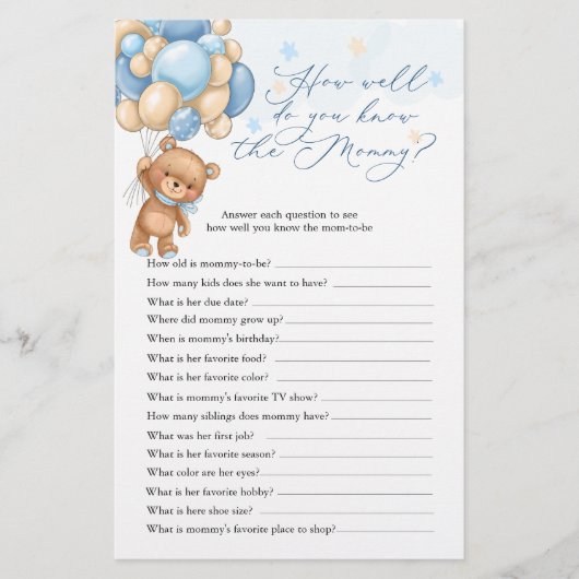 Teddy Bear Baby shower Game die mama het beste ken (Voorkant)