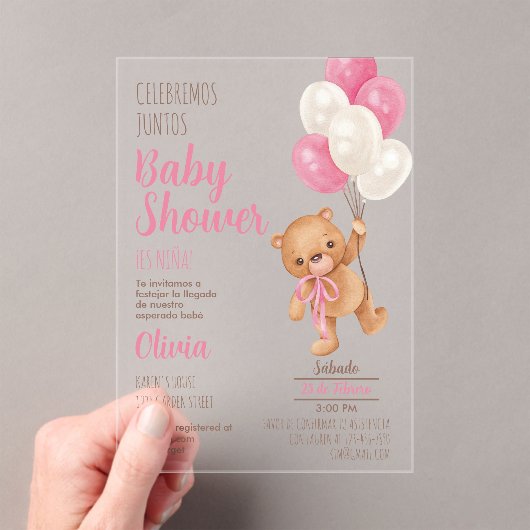 Teddy Bear Baby shower Girl Acryluitnodiging Acryl Uitnodigingen (Insitu (Draagbaar))